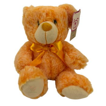 Orangefarbener Plüschbär mit orangener Schleife sitzend, ca. 18 cm